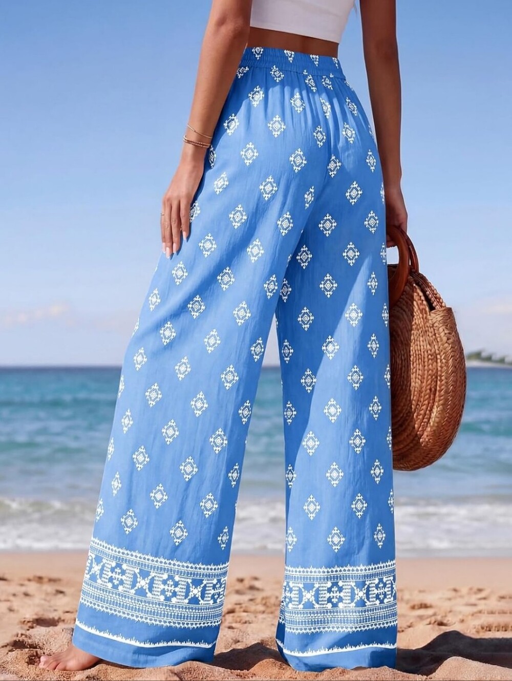 Wide Leg Blue Printed Beach Pants
